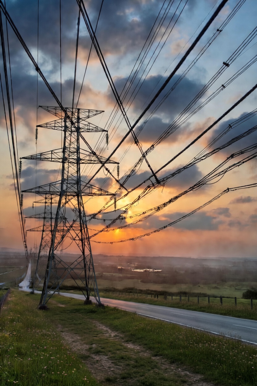 Utility transmission infrastructure at sunset